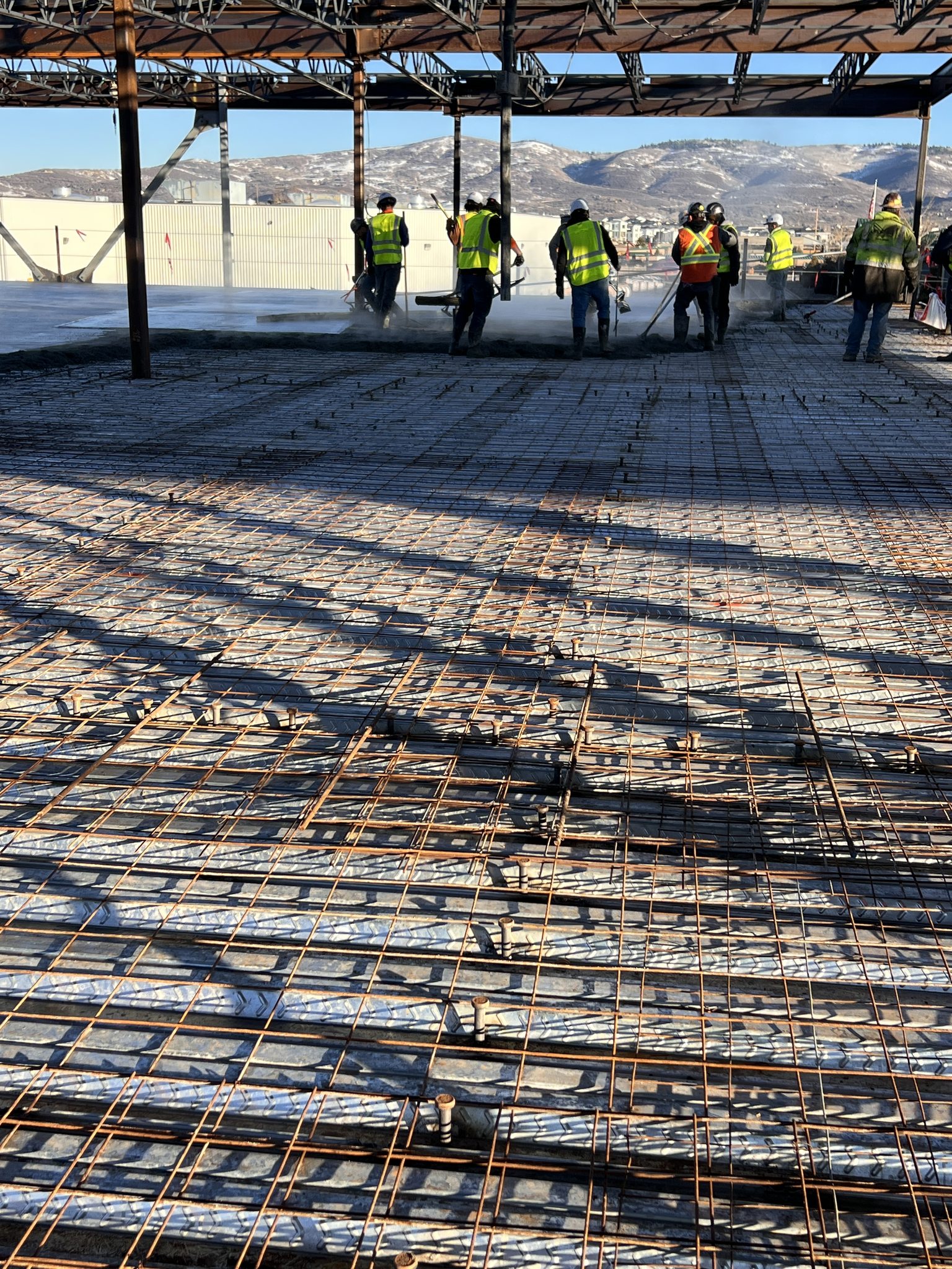 Rebar layout and foundation preparation before concrete placement